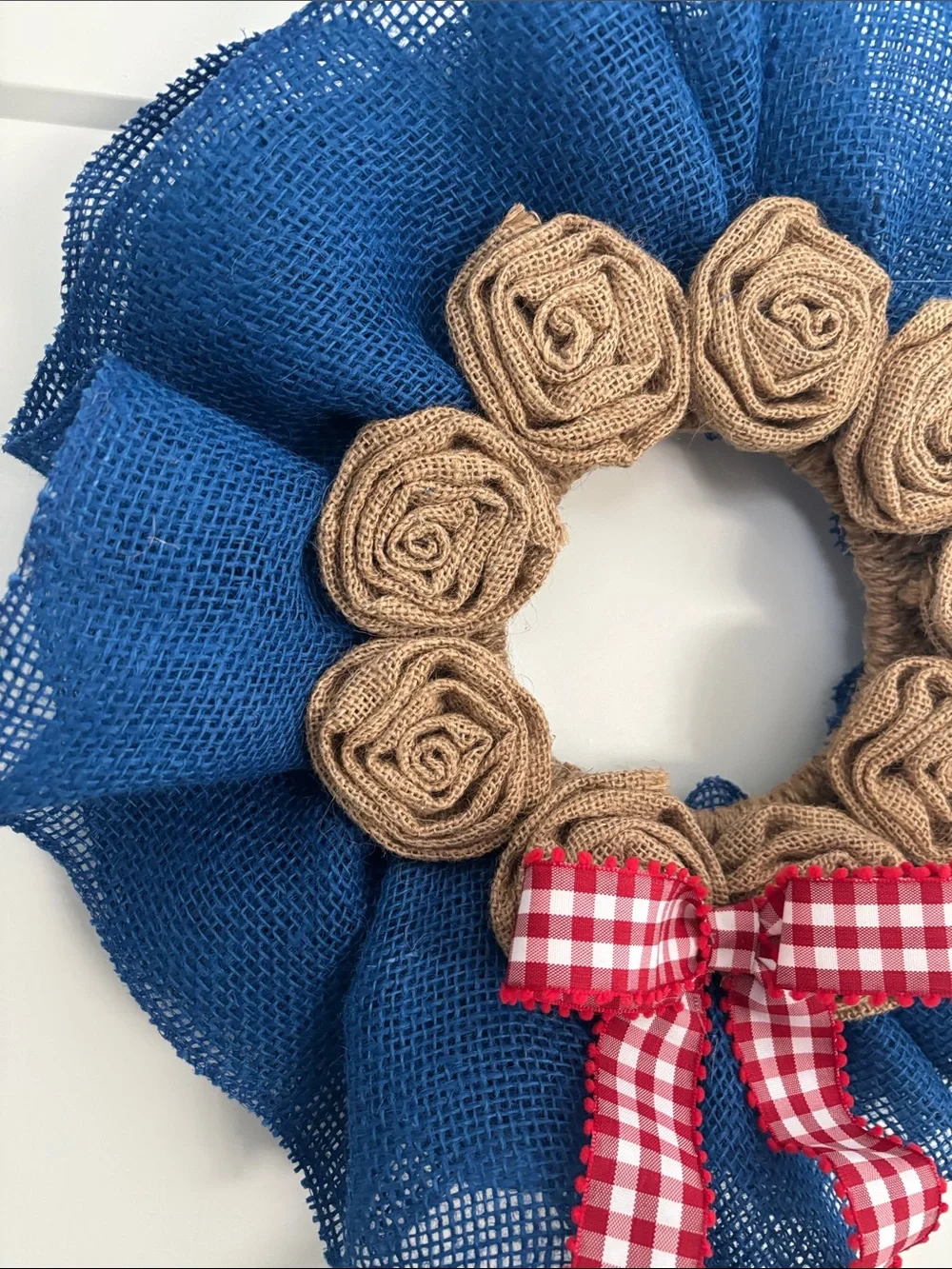 Hand Crafted Blue Burlap Wreath with Tan Rosettes and Red Gingham Bow Accent